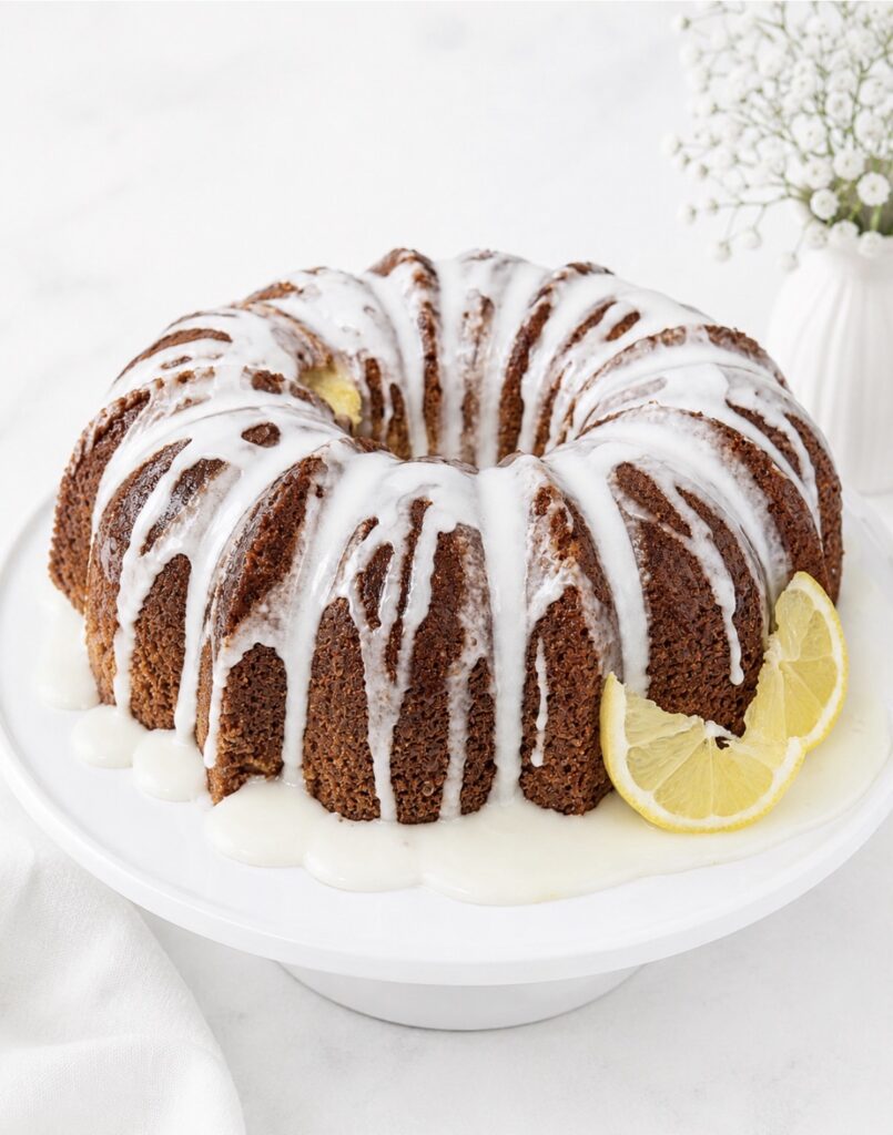 Golden Glaze Lemon Cake with Lemon glaze and fresh lemon slices
