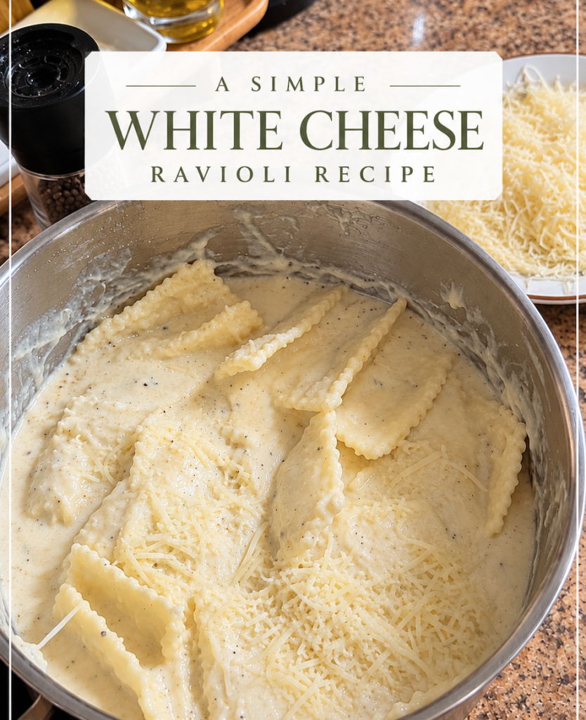 White cheese ravioli with creamy cheese sauce.