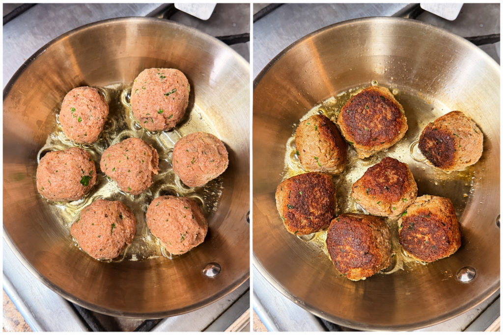 Homemade turkey meatballs cooking in olive oil in a skillet, shown before and after browning with fresh herbs and a golden-brown crust.